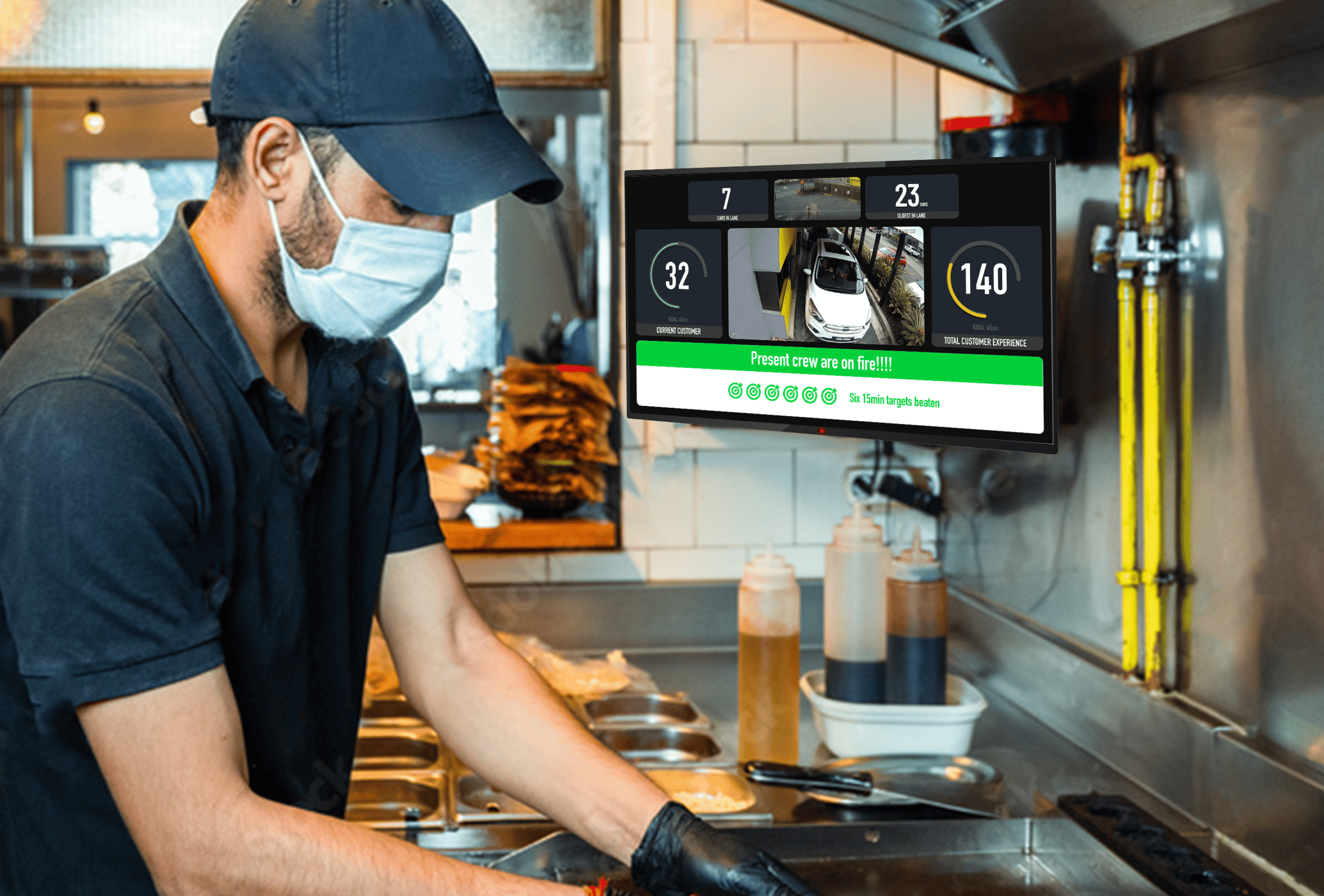 Illustration of the kitchen of a quick-service restaurant. There are appliances for making food, and a window though which servers can hand out orders that are ready. There is a worker holding a digital tablet, and a screen showing a dashboard with digital graphs at the top.