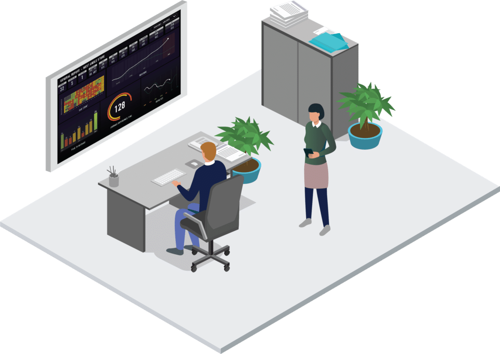 Illustration of an office, with a person sitting at a desk and a large digital screen showing a dashboard and graphs in front of them.