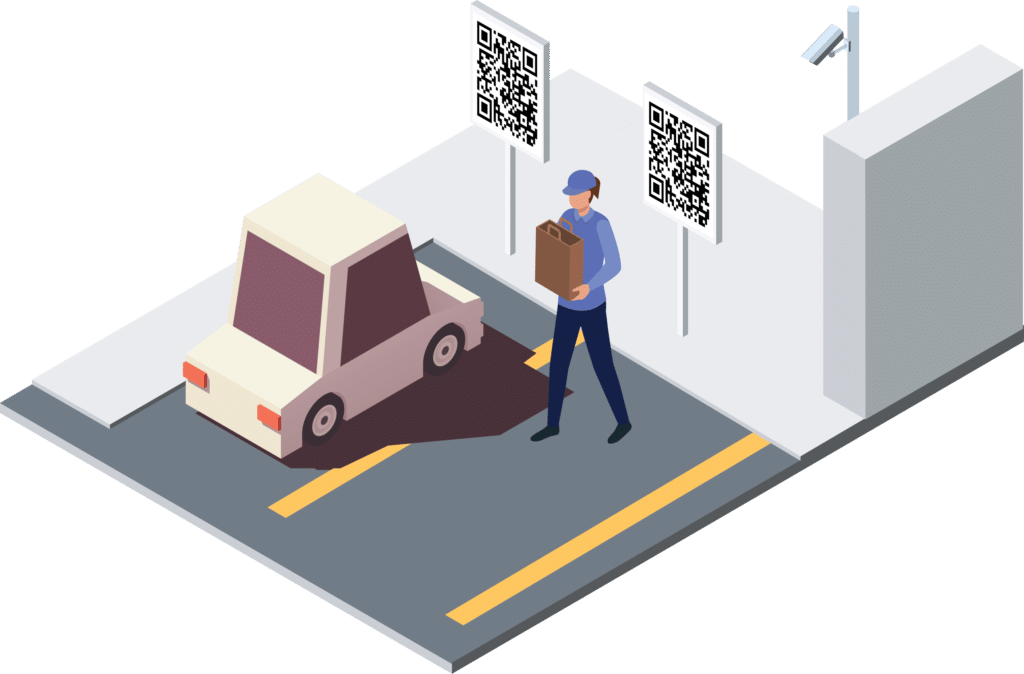Illustration of a section of the parking lot of a quick-service restaurant. There is a car parked at a parking spot, and there is a server carrying an order towards the car. In front of each parking spot there is a large sign depicting a QR code for contactless ordering.