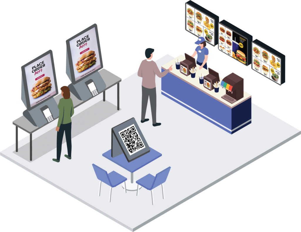 Illustration of the front of house of a quick-service restaurant. There are electronic kiosks where customers can place orders, as well as a table with a QR code. There is a server behind the counter, with digital menu boards behind them.
